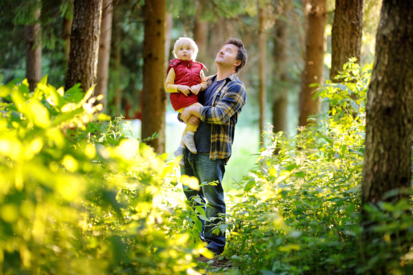 Ein Man mit einem Kind im Wald